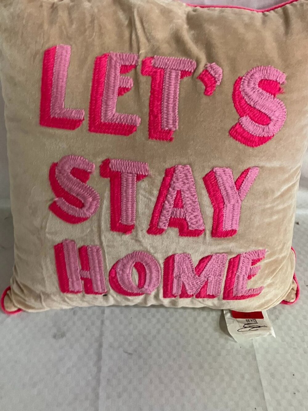 Unbranded Let's Stay Home Throw Pillow 17x17 Beige Pink Velvet Embroidered Decor